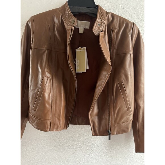MICHAEL KORS Jacket 100% lambskin Leather Asymmetric Zip Brown luggage NWT - Picture 12 of 16
